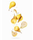 Whole and sliced Ã¢â¬â¹Ã¢â¬â¹fresh pears in the air isolated on a white background